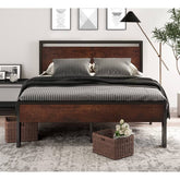 A bed showcasing a sturdy wooden frame complemented by a chic black headboard, ideal for a sophisticated sleeping space.